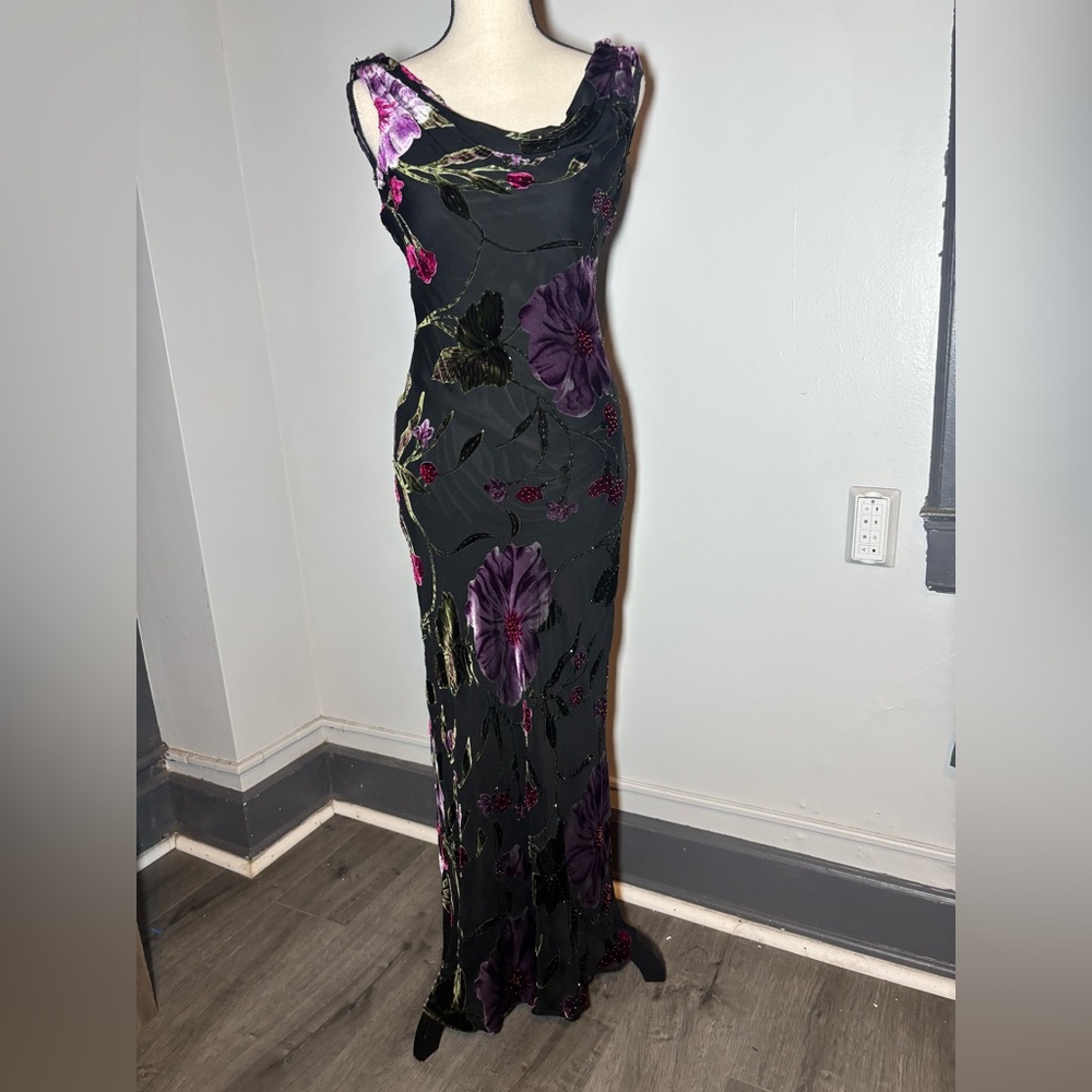 RARE Vintage cache beaded Rayon Silk Burnout Velvet Floral Cowl Neck dress size2